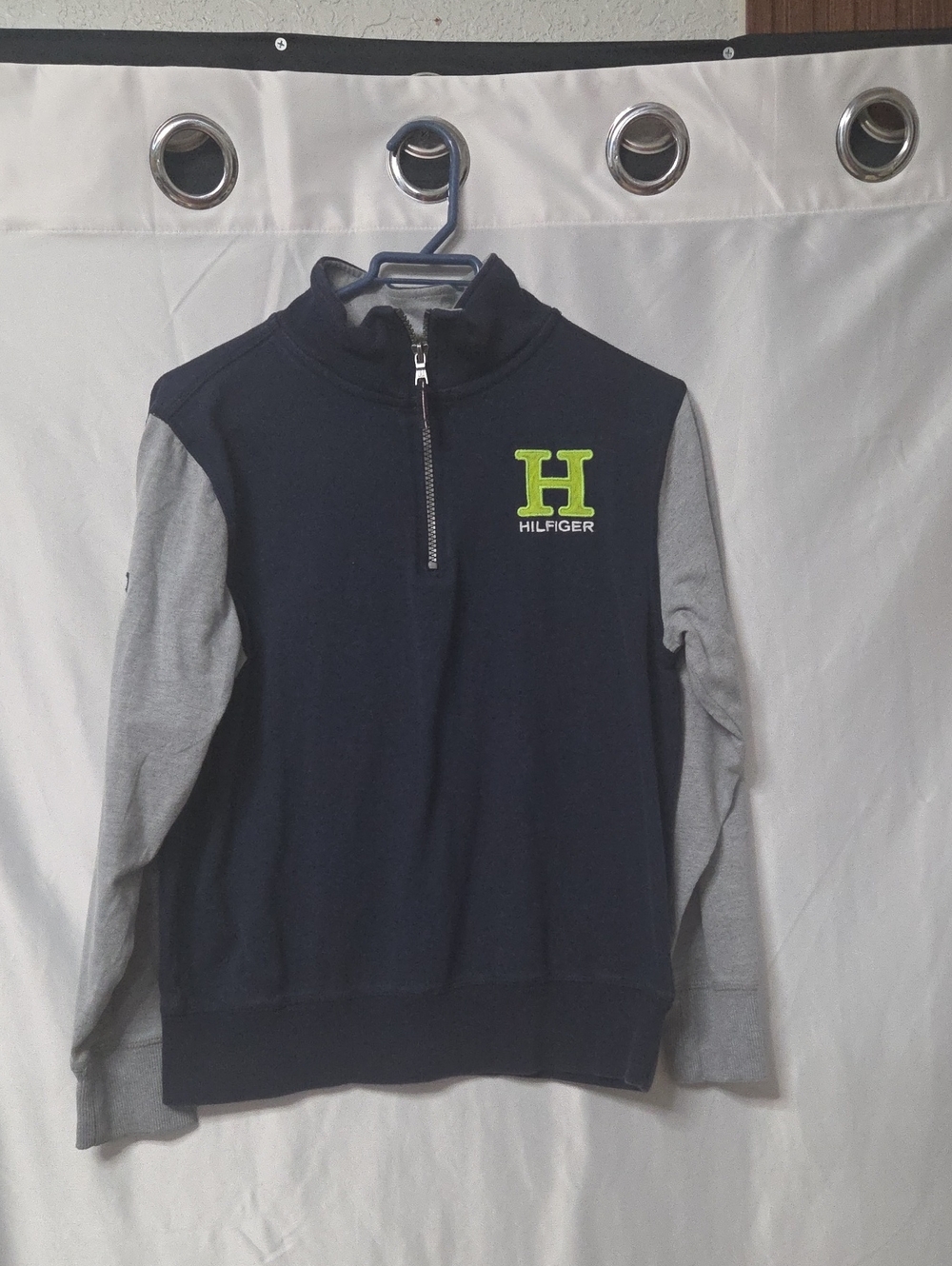 Navy and Gray Half-Zip Pullover with Neon Green Trim Kids 12/14 [1708]